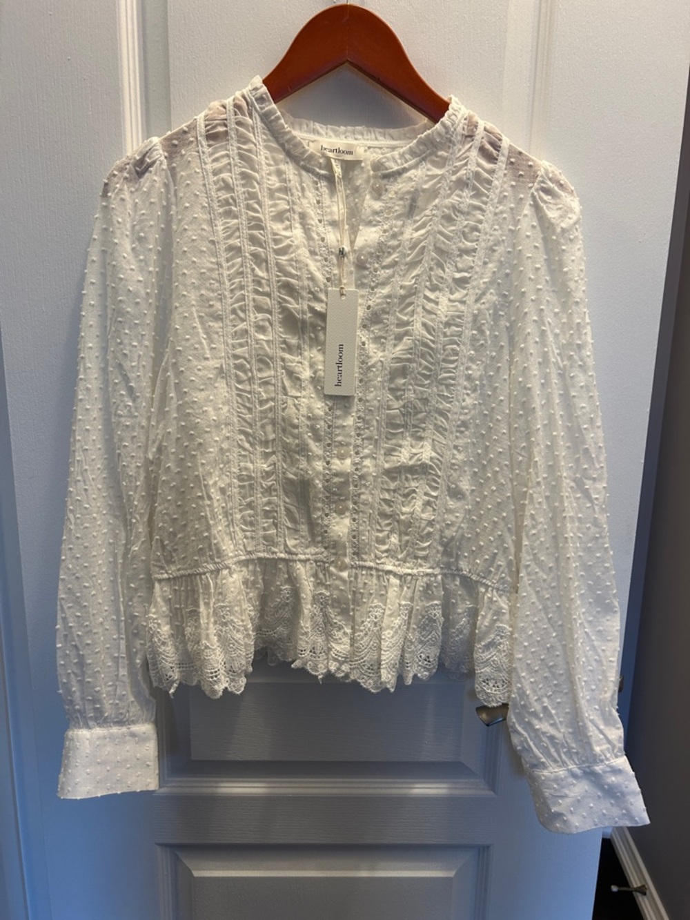 Heartloom “Saya” White Swiss-Dot Cotton Button down Peplum Blouse Size Large